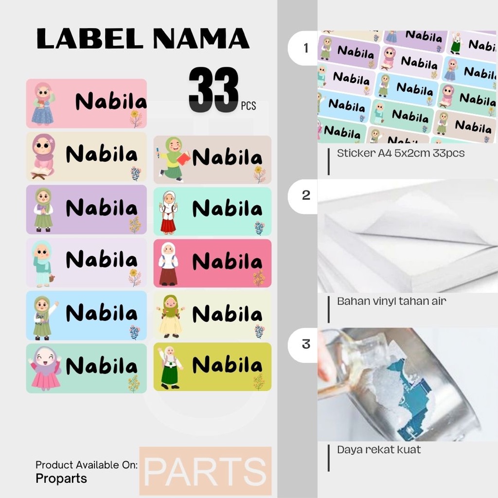 

STICKER LABEL NAMA EDISI MUSLIM HIJAB VINYL WATERPROOF 5x2cm dan 5x3cm