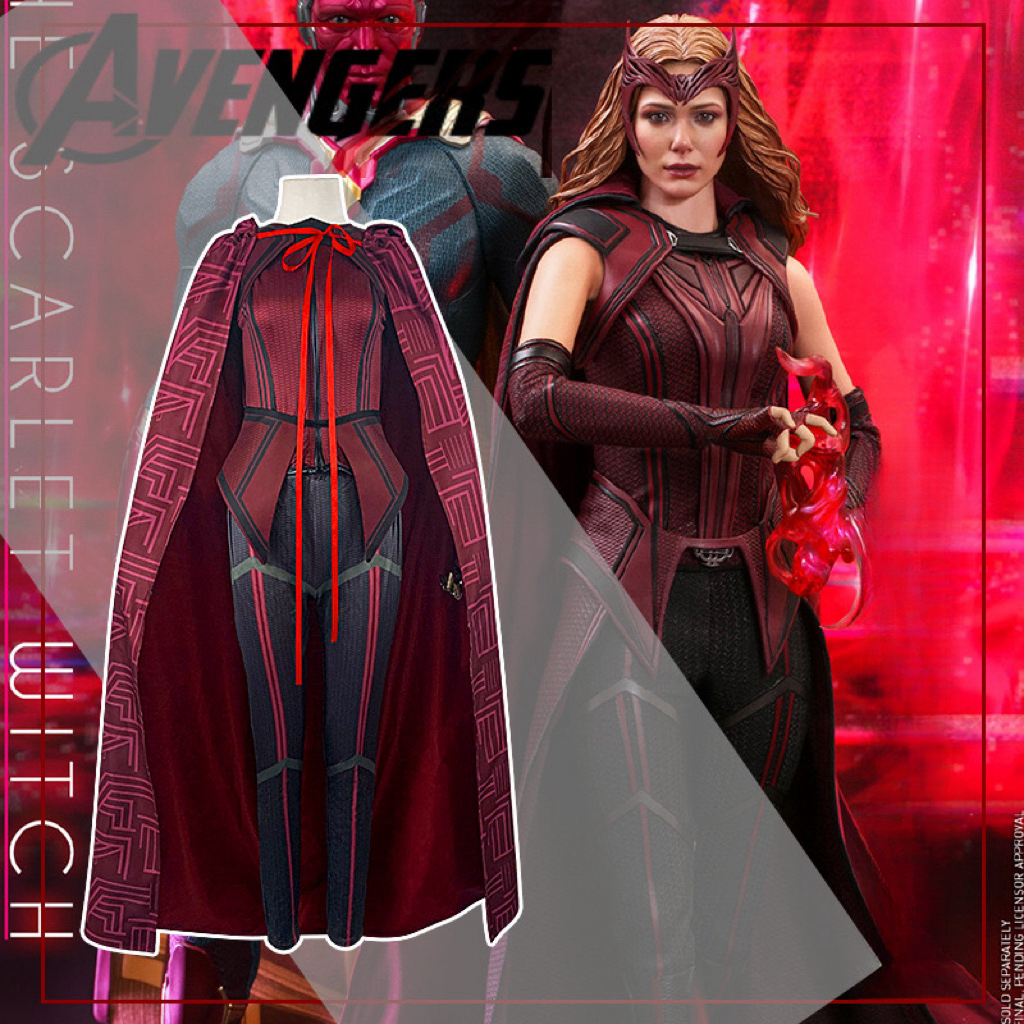 Female Wanda Maximoff Cosplay Costume Scarlet Witch Headwear Cloak and Pants Full Set Outfit Hallowe