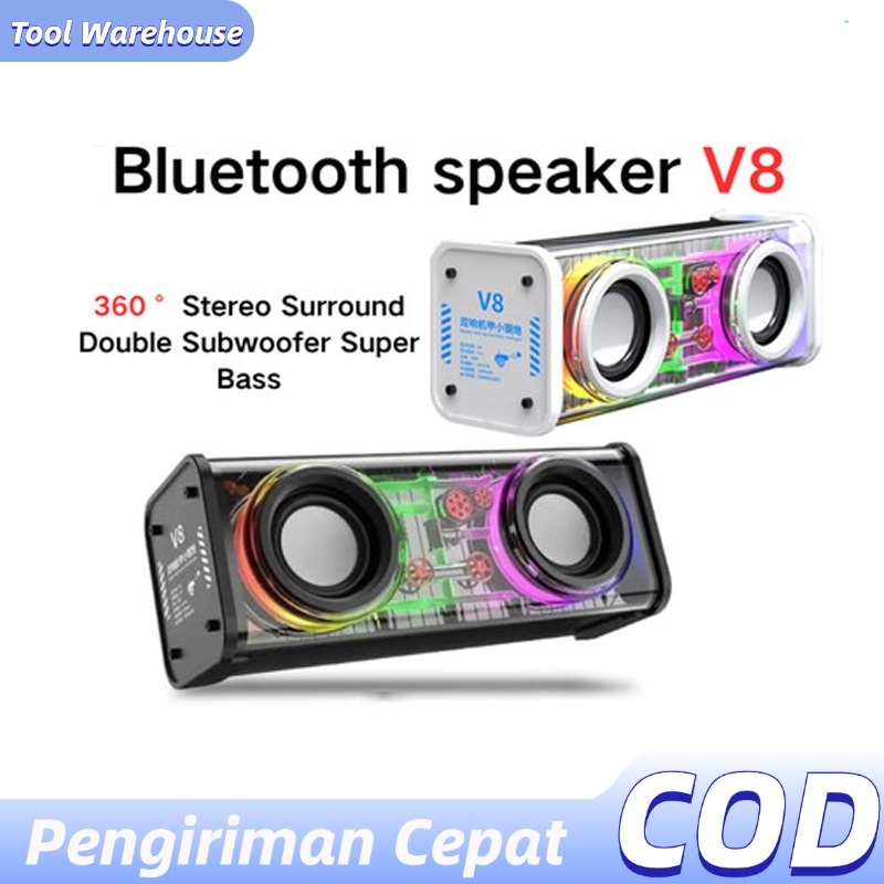 Speaker Wireless Bluetooth Portable Stereo V8 Extra Bass Music Box Nirkabel Dual Light Led RGB Trans