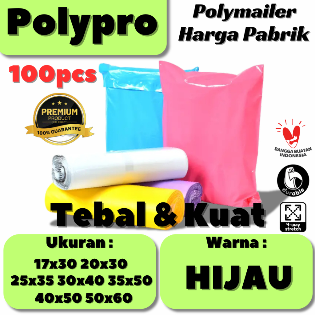 

Polymailer Premium HIJAU Warna Glossy / Plastik Packing Online / Tebal Kuat / 100Pcs