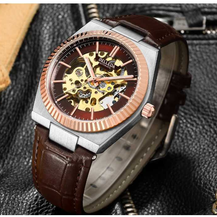 Jam Tangan Kasual Pria Belleda 9542 Automatic Tali Kulit Disgn Slim Anti Air 3Atm Original Watches