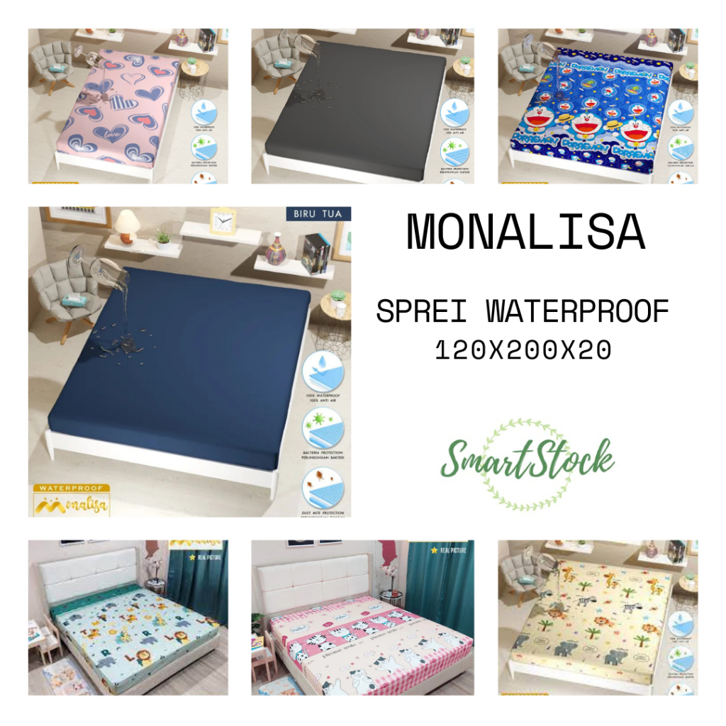 SS Sprei Waterproof 120 160 180 120X200 160X200 180X200 cm MONALISA Anti Ompol Bayi Lansia Anti Air