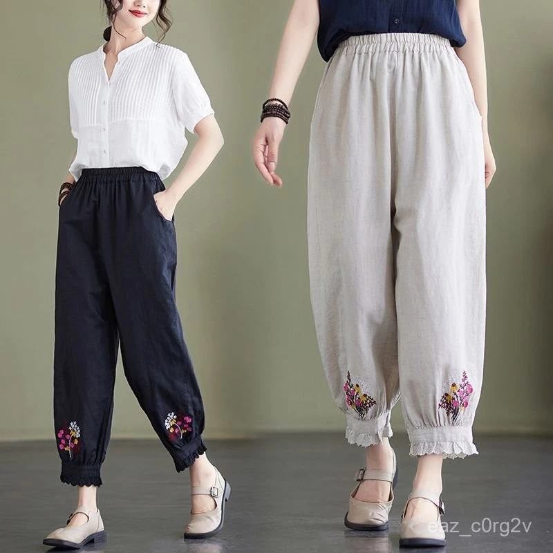 Celana Wanita Musim Panas Celana Bloomer Tipis Elastis Pinggang Celana Harem Gaya Cina Katun dan Lin