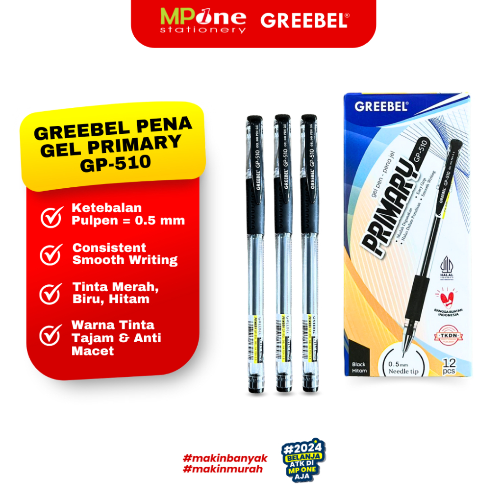 

(1 KOTAK) Greebel Pena Gel Primary GP-510 Ujung Lancip 0,5mm Tinta Hitam / Pulpen Gel Isi 12 Pcs