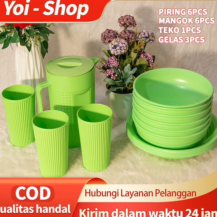 Produk Terbaik Yoi  16 Pcs Mangkok Set  Piring Aesthetic  Piring 6 Mangkuk 6 Teko 1 Gelas 3
