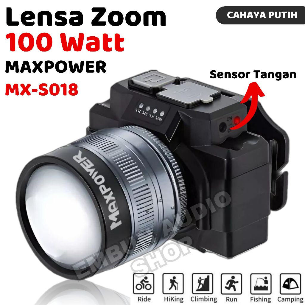 12.000 Lumens Senter Kepala Lensa Zoom 100Watt MAXPOWER MX-S018 Baterai 5000mAh dengan Fitur Sensor 