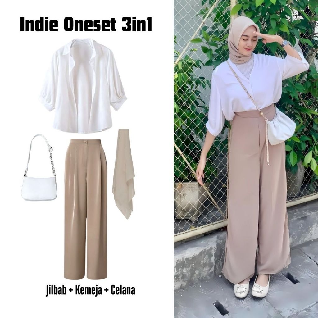 PREMIUM One set 3in1 kemeja kerah panjang putih  celana highwaist kulot knit jilbab bella | ootd out