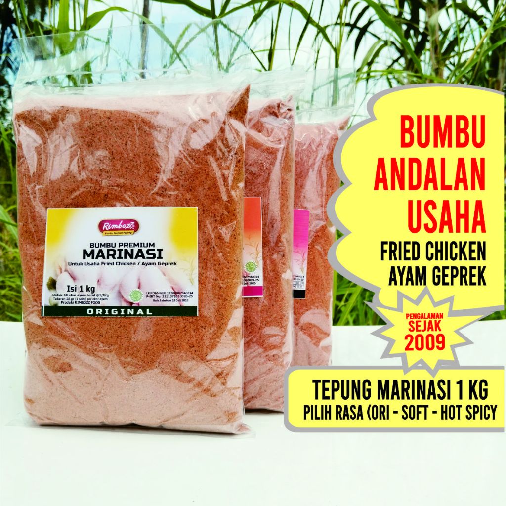 

Tepung Marinasi Ayam Fried Chicken 1Kg (Pilih Rasa) Bumbu rendam ayam geprek crispy ala KFC Rimbozz