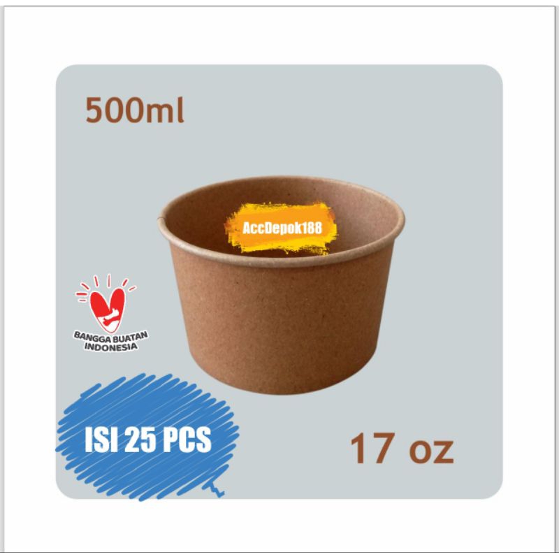 ISI 25PCS / PAPER BOWL KRAFT COKLAT LAMINASI / MANGKOK KERTAS + TUTUP / PAPER RICE BOWL / KOTAK MAKA