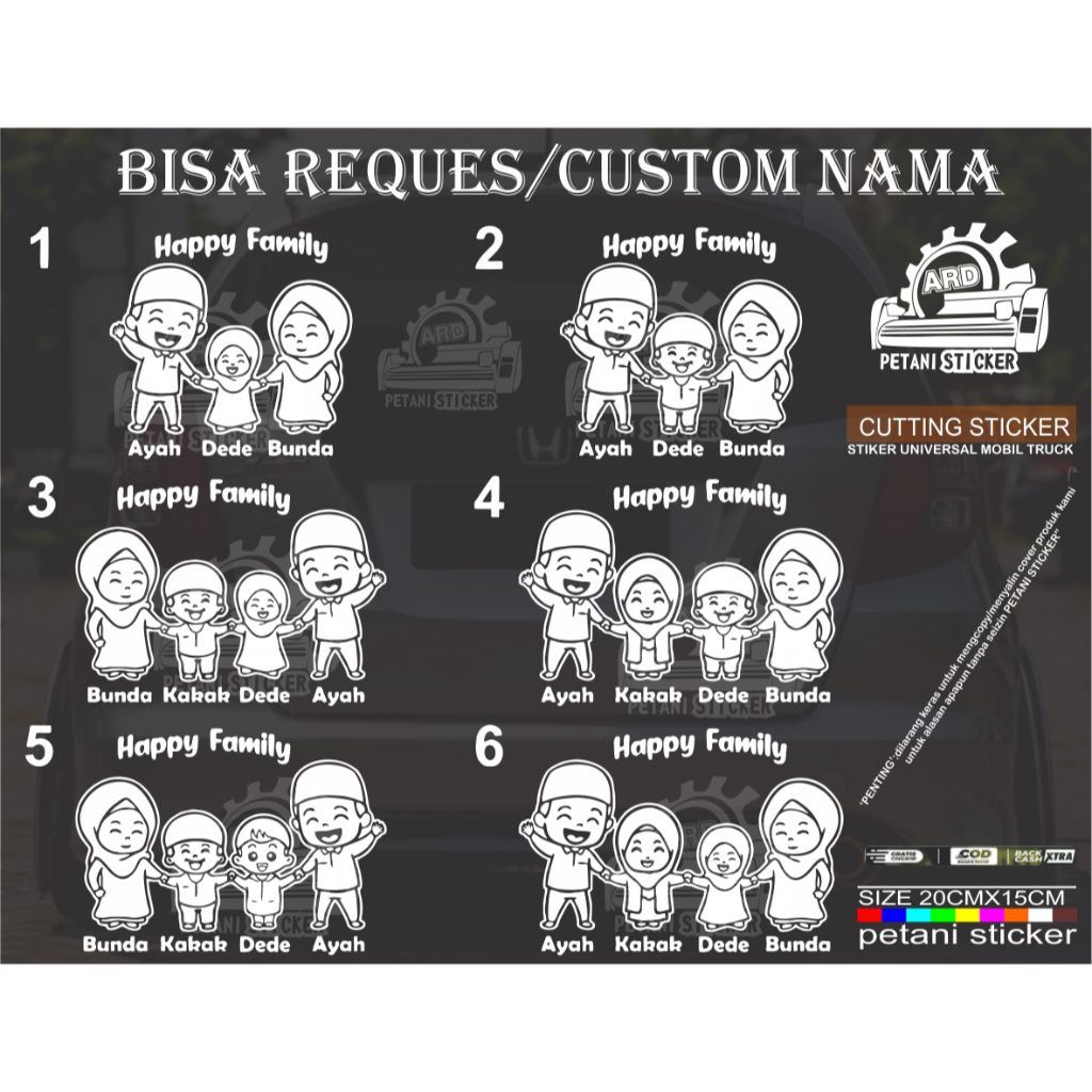 STICKER STIKER FAMILY MUSLIM CUTE, STICKER HAPPY FAMILY STICKER MOBIL KACA