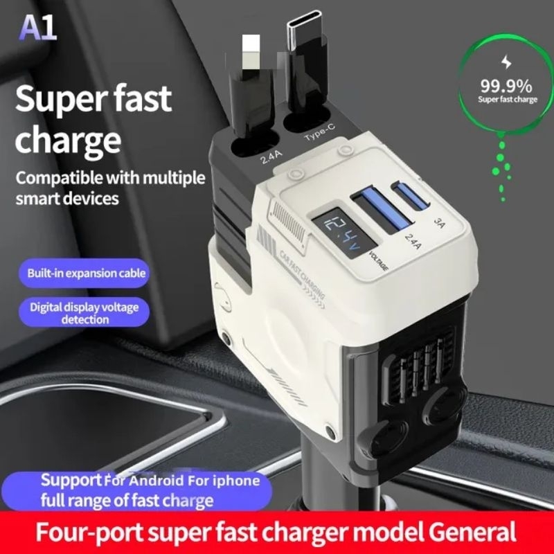 Veloce A13 4in1 Retractable Cable Charger Mobil HP Android & IOS