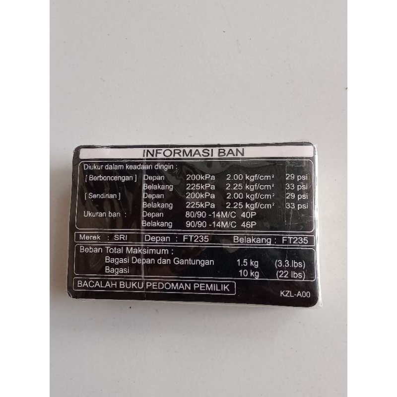 Stiker Informasi Ban KZL-A00 Dasbor Depan Honda Beat Fi Scoopy Fi Vario 110 Fi Spacy Fi