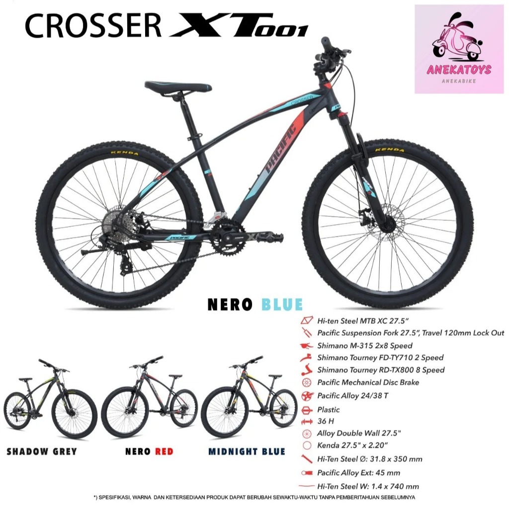 Sepeda Gunung Pacific Crosser XT001 MTB Hi-Ten Steel MTB XC 27.5x2.20 Inch 2x8 Speed
