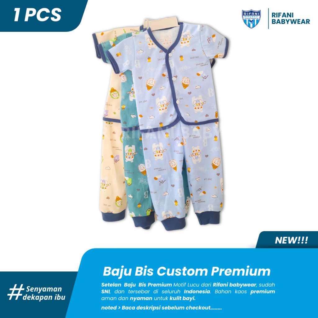 Setelan Baju/Kaos Bayi Bis Custom Premium Full Kancing Depan 3-12 Bulan Cowok/cewek - Rifani Premium