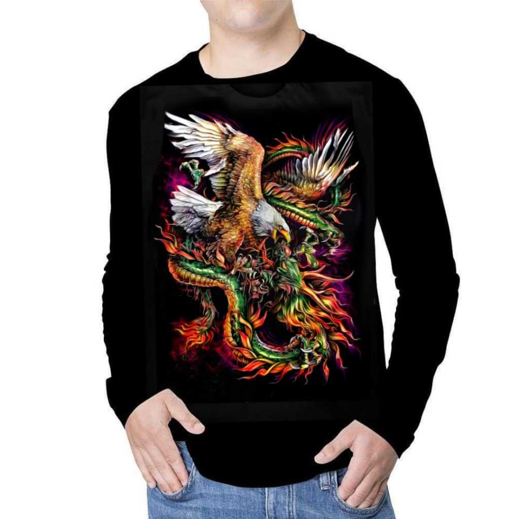 Kaos Distro Pria Lengan Panjang Santai Hitam Motif Elang Naga
