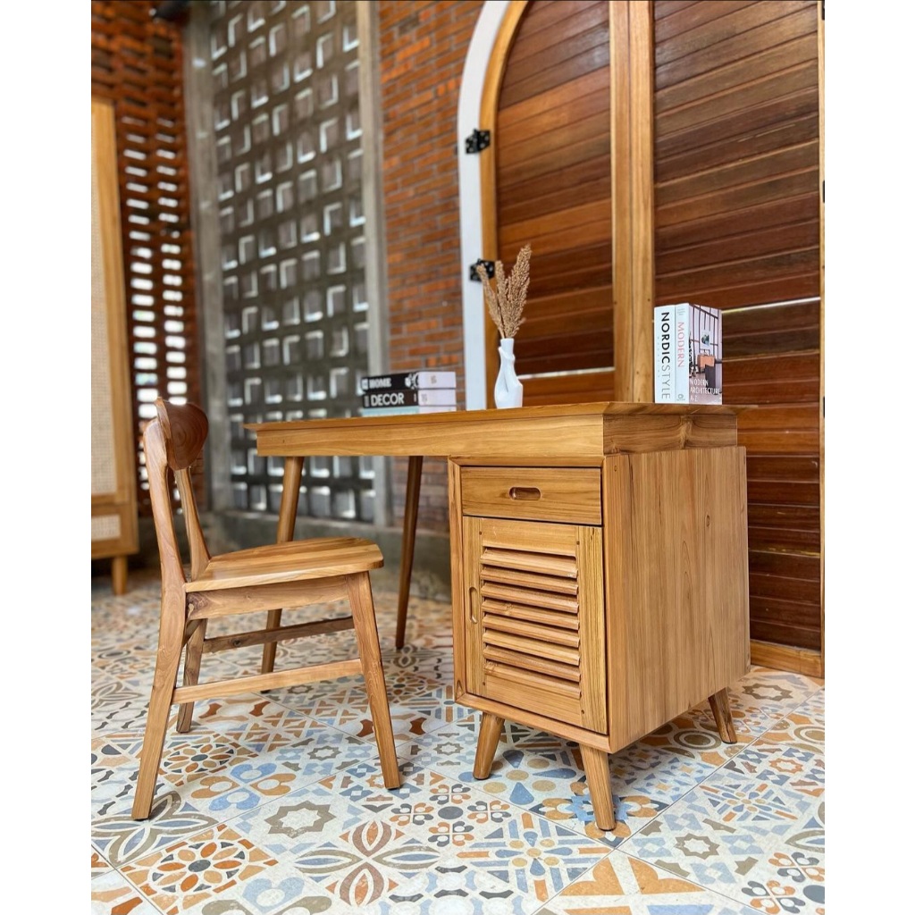 Set Meja Kerja Bahan Full Kayu Jati | Meja KantorJati Minimalis | Meja Komputer Set 1 Meja 1 Kursi K