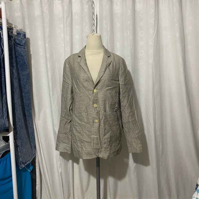 Blazer pria bisa wanita cream bergaris hpe