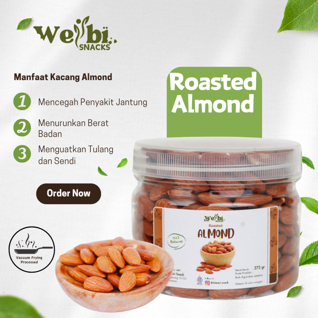 

Roasted Almond Kacang Almond Panggang Kupas Cemilan Sehat Halal Wellbi Snack 275gr