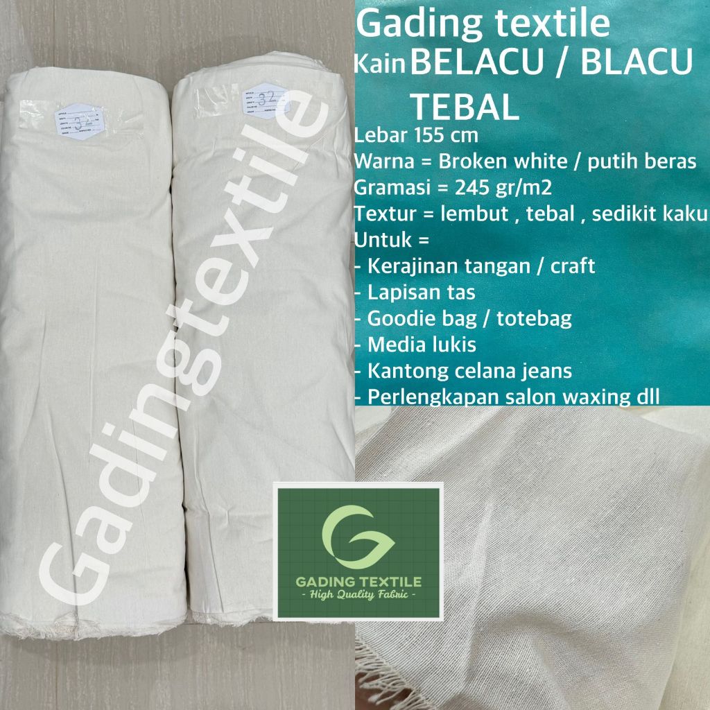 ( per 1 roll ) Kain BLACU BELACU katun putih TEBAL rollan lebar 155 cm bahan tas tote bag craft kera