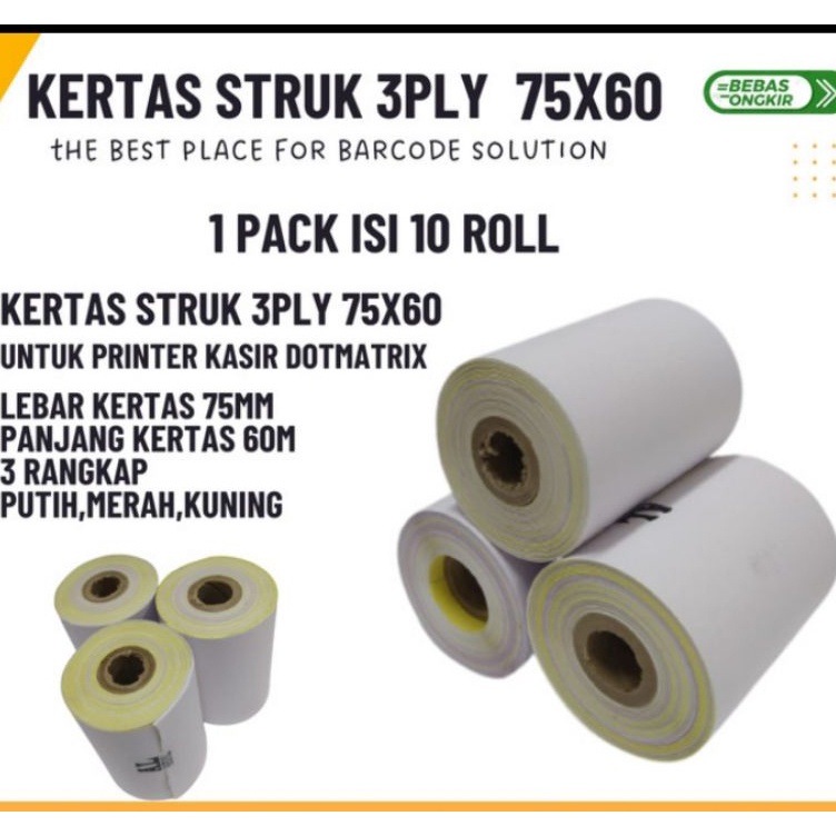 

Paket Spesial Kertas kasir 3ply 75x6mm paket 1 Roll untuk mesin printer Dotmatrik