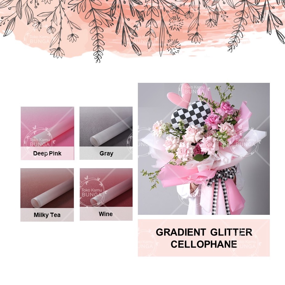 

Produsen Resmi 5 Lembar Cellophane Gradient Glitter Flower Wrap Kertas Buket Bunga