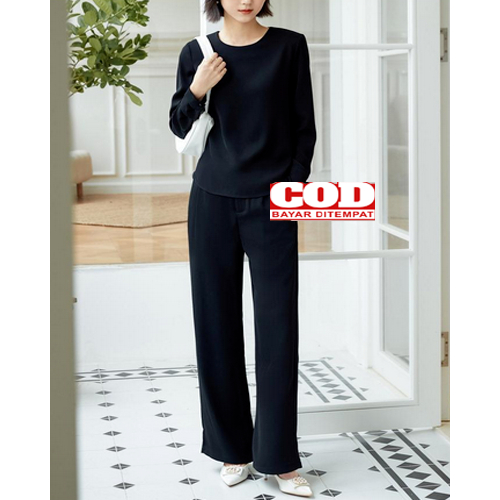 ONE SET FASHION WANITA KAOS LENGAN PANJANG CELANA PANJANG CRINKLE HALUS TOP MURAH