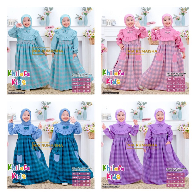 Alfihijabstore Khilafa Dress by NIA RUMAISHA // 28.10 gamis anak usia 3-8 tahun polos mix kotak tart