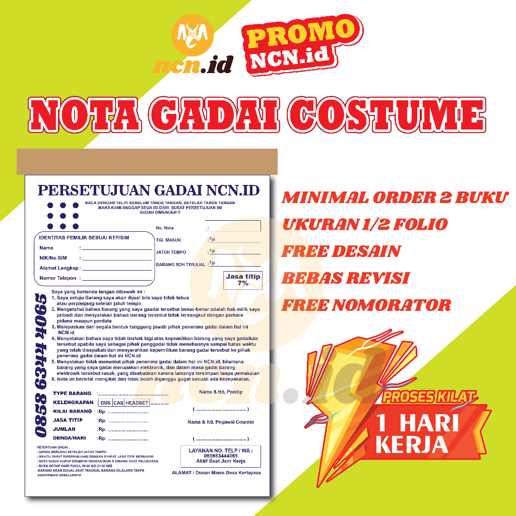 NCN.ID KWITANSI/NOTA CETAK 1 WARNA GADAI PEGADAIAN CUSTOM - PENGGADAIAN