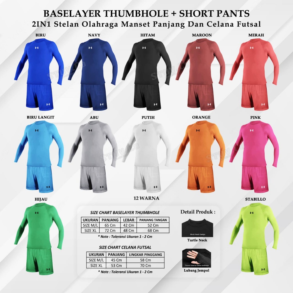 PAKET SETELAN 2IN1 MANSET BASELAYER LENGAN PANJANG THUMBHOLE CELANA KOLOR PENDEK DRYFIT FUTSAL BOLA