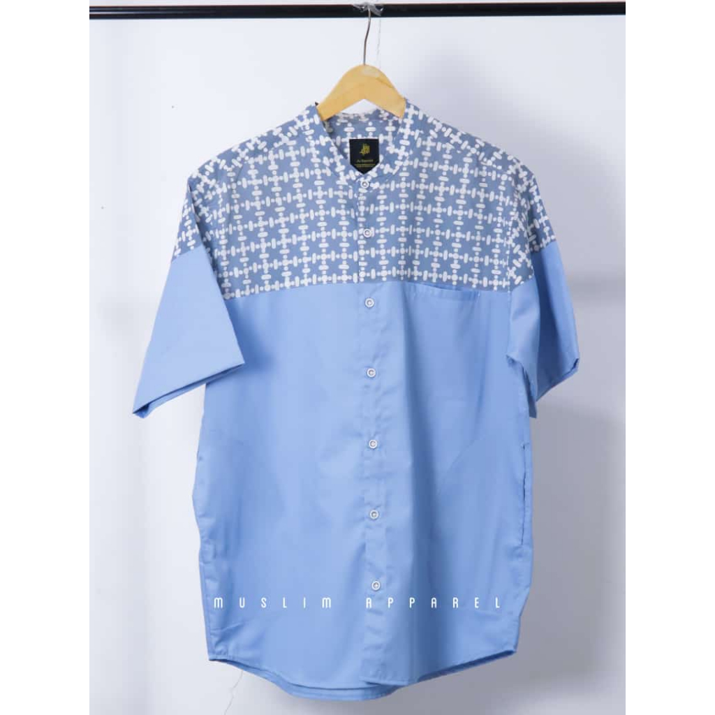 Baju Muslim / Kemeja Koko Untuk Remaja dan Dewasa Lengan Pendek Kombinasi Batik - Warna Biru