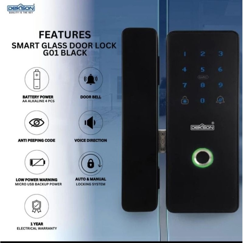 Dekkson Smart Door Lock Glass Rim Lock Kunci Kaca Digital Dekkson G01 Black - Left