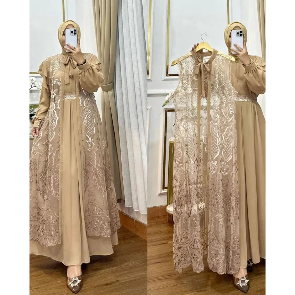 Gamis Pesta Brokat Bahan Ceruty Babydoll Mix Brukat Tile Akar dengan Outer dan Tali Pinggang Terpisa