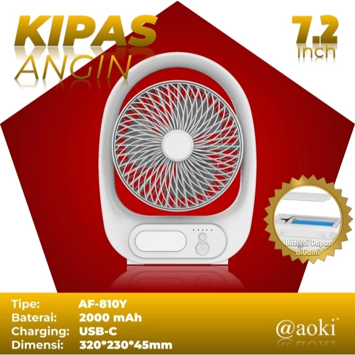 Aoki Lampu Meja Kipas 7inch Emergency Fan Lamp AF-810Y Charger 2000mAh Lampu emergency kipas