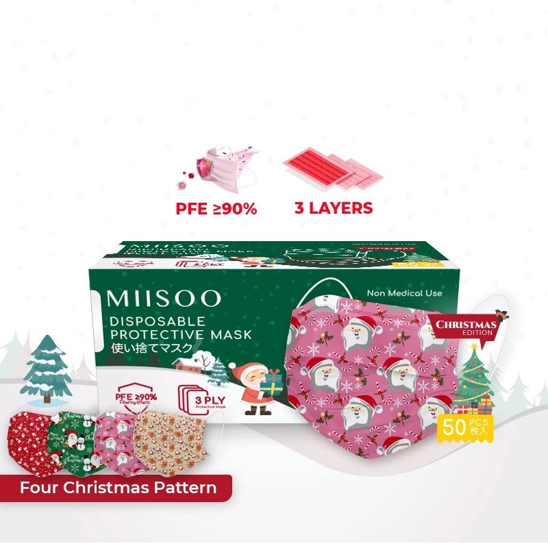 HOKO Disposable Face Mask Earloop Christmas Edition 50pcs Masker Kesehatan 3ply Edisi Natal