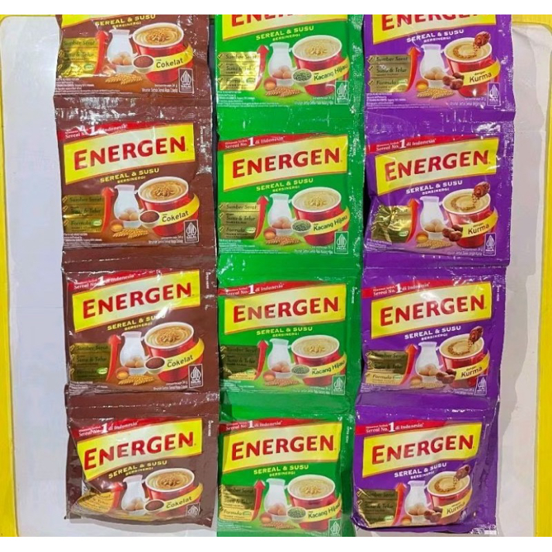 

Energen Rasa Vanilla/Coklat/Kacang hijau/Kurma 1 Renceng Isi 10 Sachet