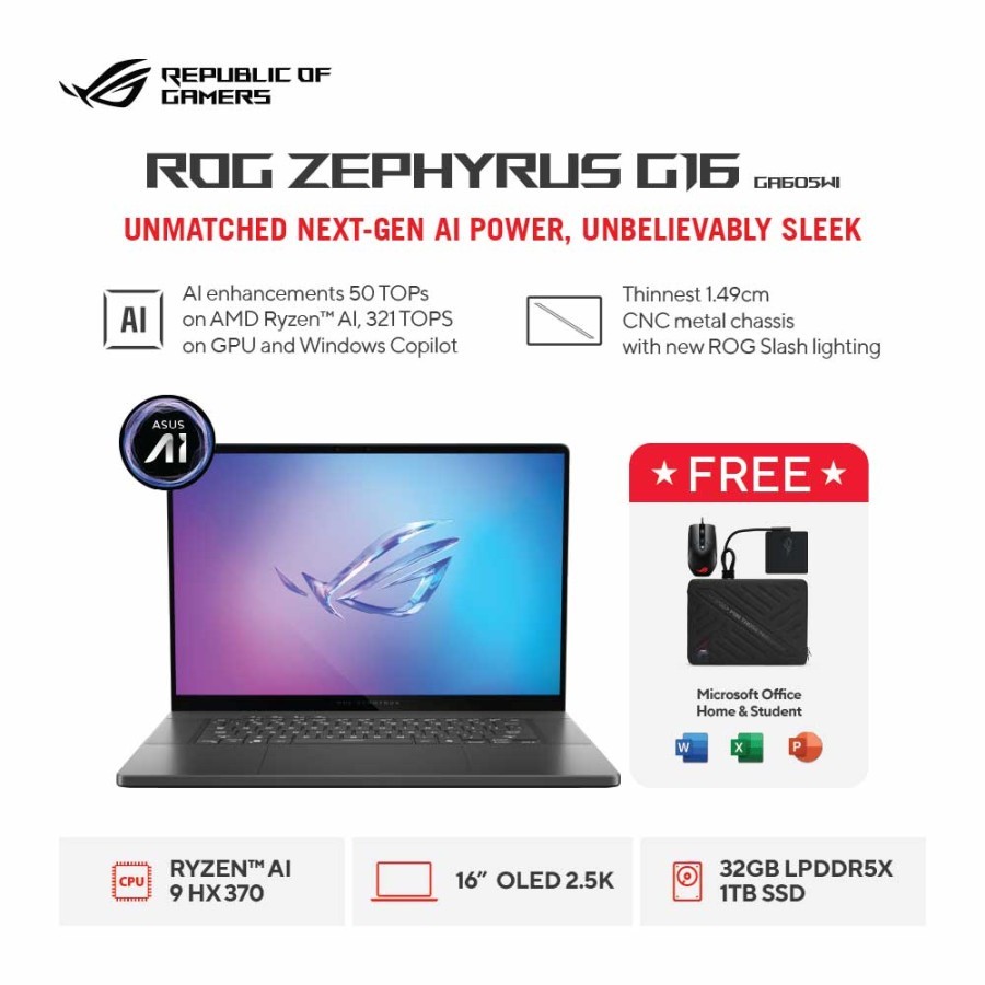 ASUS ROG Zephyrus G16 Ryzen AI 9-HX 370/32GB/1TB SSD/RTX4070 8GB/G-SYNC/16.0 NEBULA OLED QHD 240HZ/W