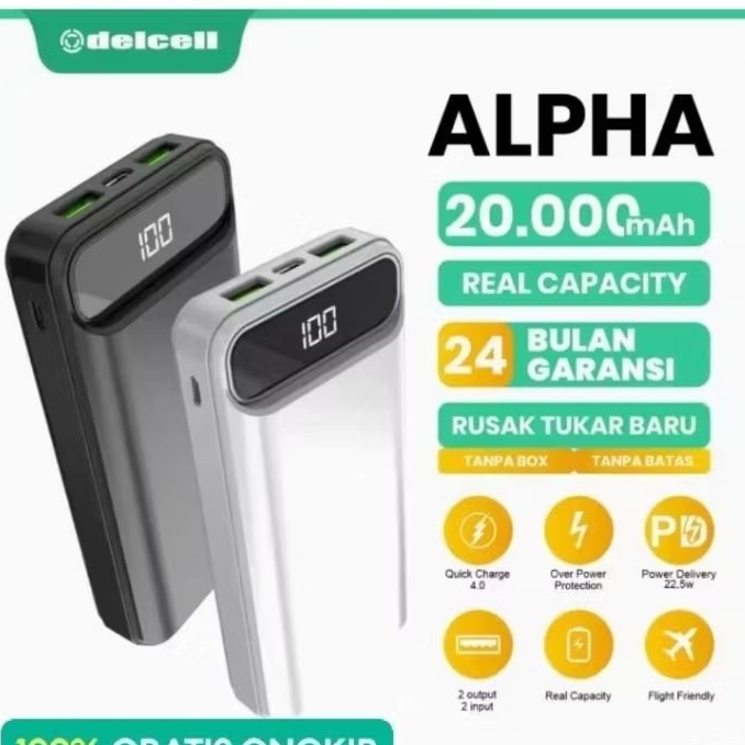 TERPOPULER Powerbank delcell alpha 20000 mah layar led. Fast charge. Real. PD Original