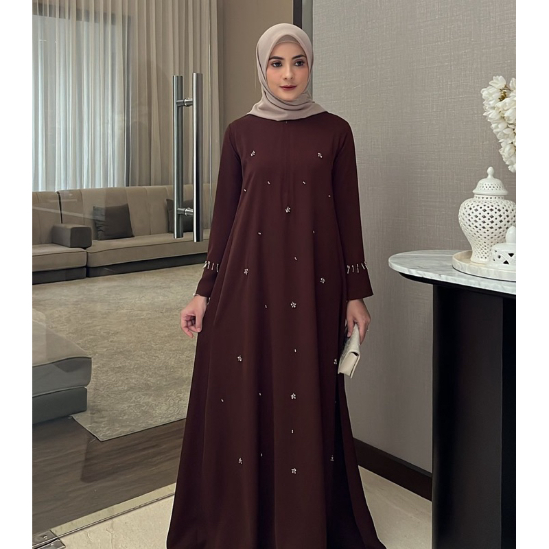 MISKHA DRESS // DRESS LEBARAN APLIKASI MUTIARA MERAH ELEGANT // GAMIS UMROH // DRESS UMROH NYAMAN AD