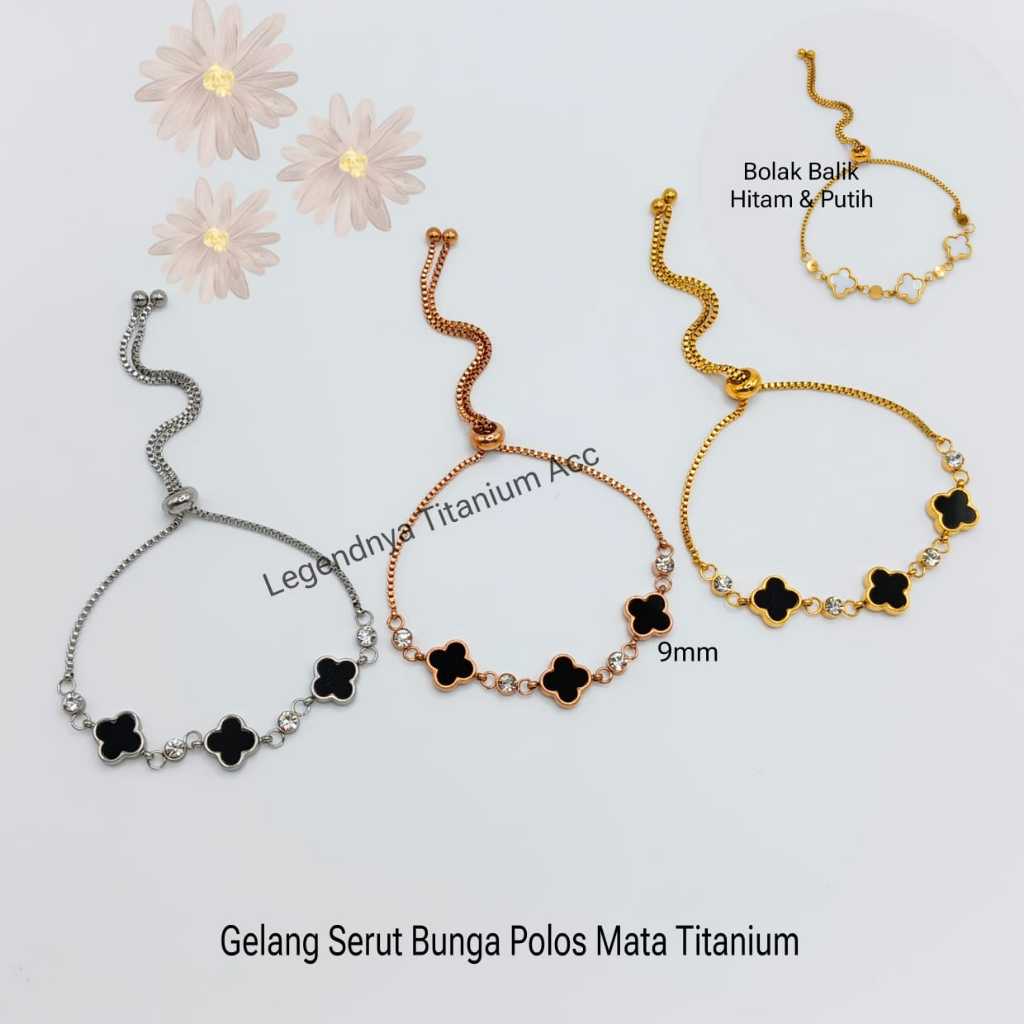 Gelang Serut Bunga Polos Mata Bolak Balik Hitam Dan Hitam Putih Titanium Stainless Steel