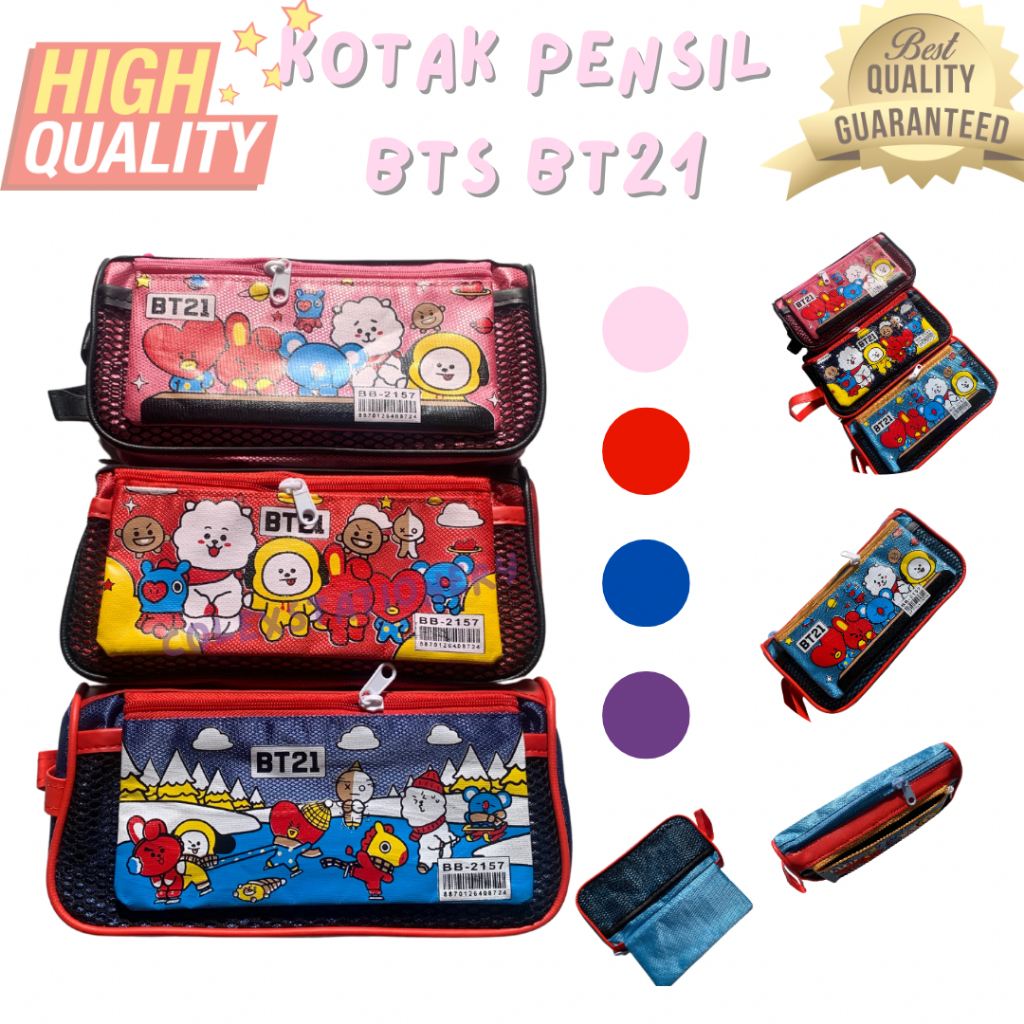 

Kotak Pensil BTS BT21 / Tempat Pensil 2 Resleting 4 Warna Jaring Jaring Dua Bagian Dompet Bahan Kain Murah High Quality