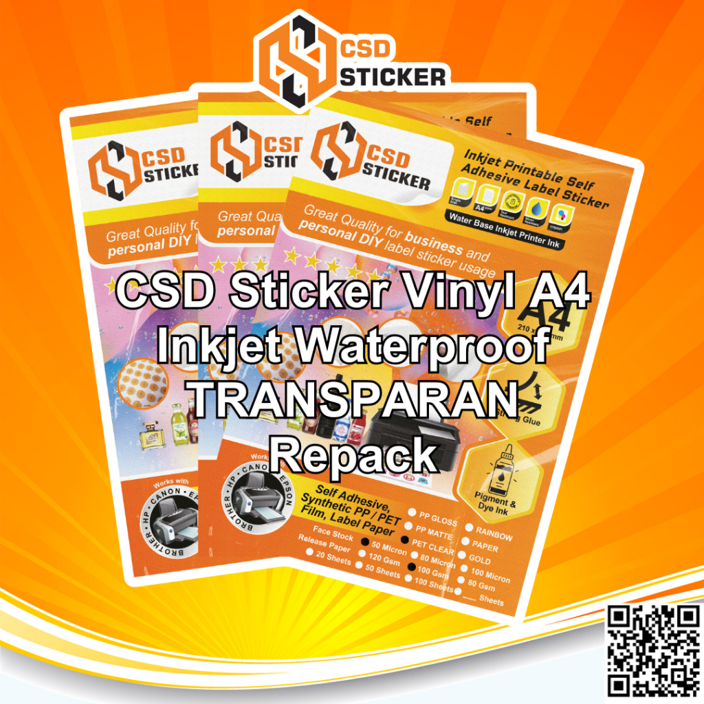 

NEW CSD Sticker Vinyl Inkjet A4 Waterproof Synthetic PET/PP Film Transparan / White Gloss/ White Matte Stiker Premium Anti Air Repack isi 20