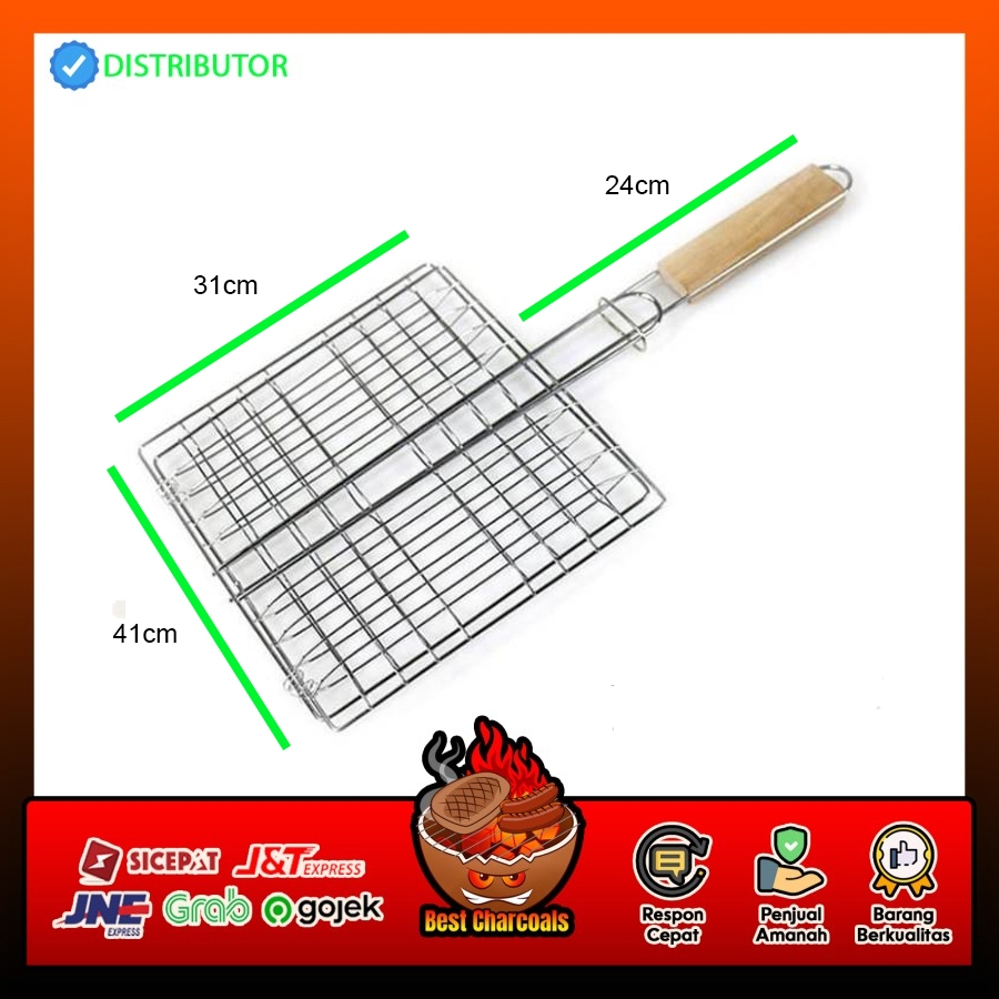 Os3- Alat Panggangan Ikan Jepit Bakaran Ikan Ayam Gagang Kayu Dan Besi X6