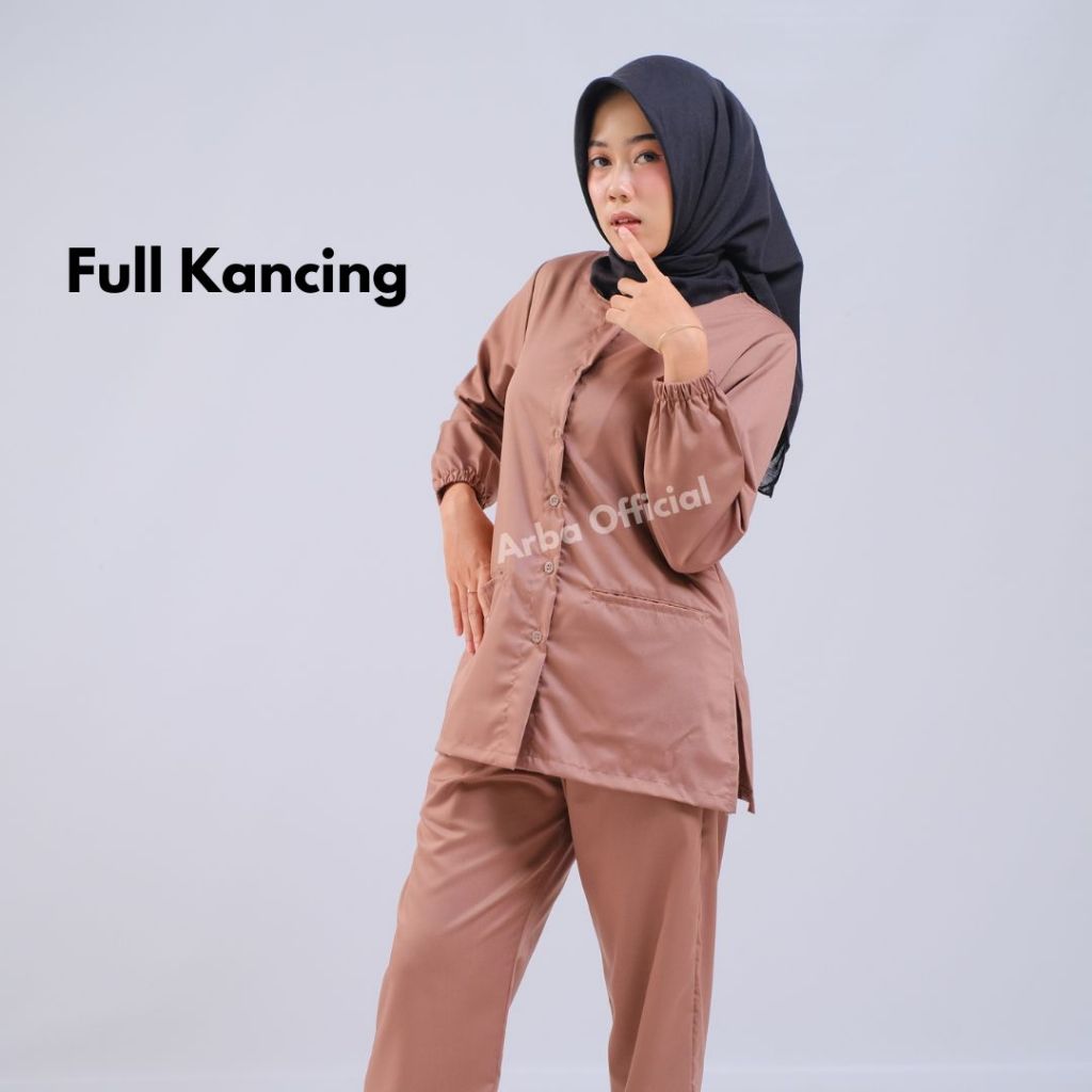 Baju Jaga OK OKA Kancing Depan Full Perawat Nakes Kerah O One Set Lengan Panjang Karet Bahan Toyobo