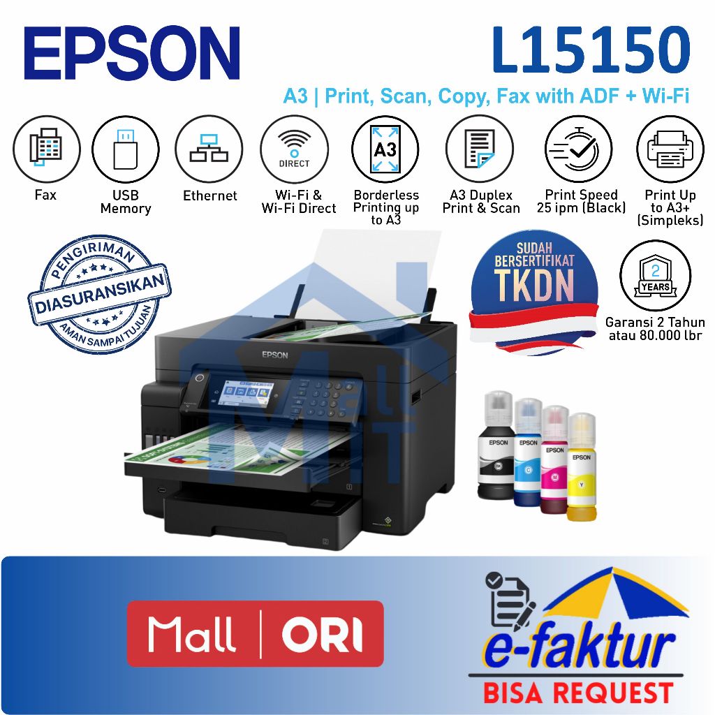 MALLIT EPSON Printer Epson L15150 L-15150 L 15150 A3 Duplex Pigment Print Scan Copy Resmi