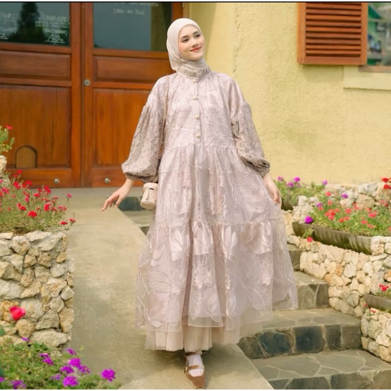 ROSEE DRESS MAUVE BLACK WHITE MIDI TULLE BRUKAT PREMIUM 3D BY HAIDEE ORLIN