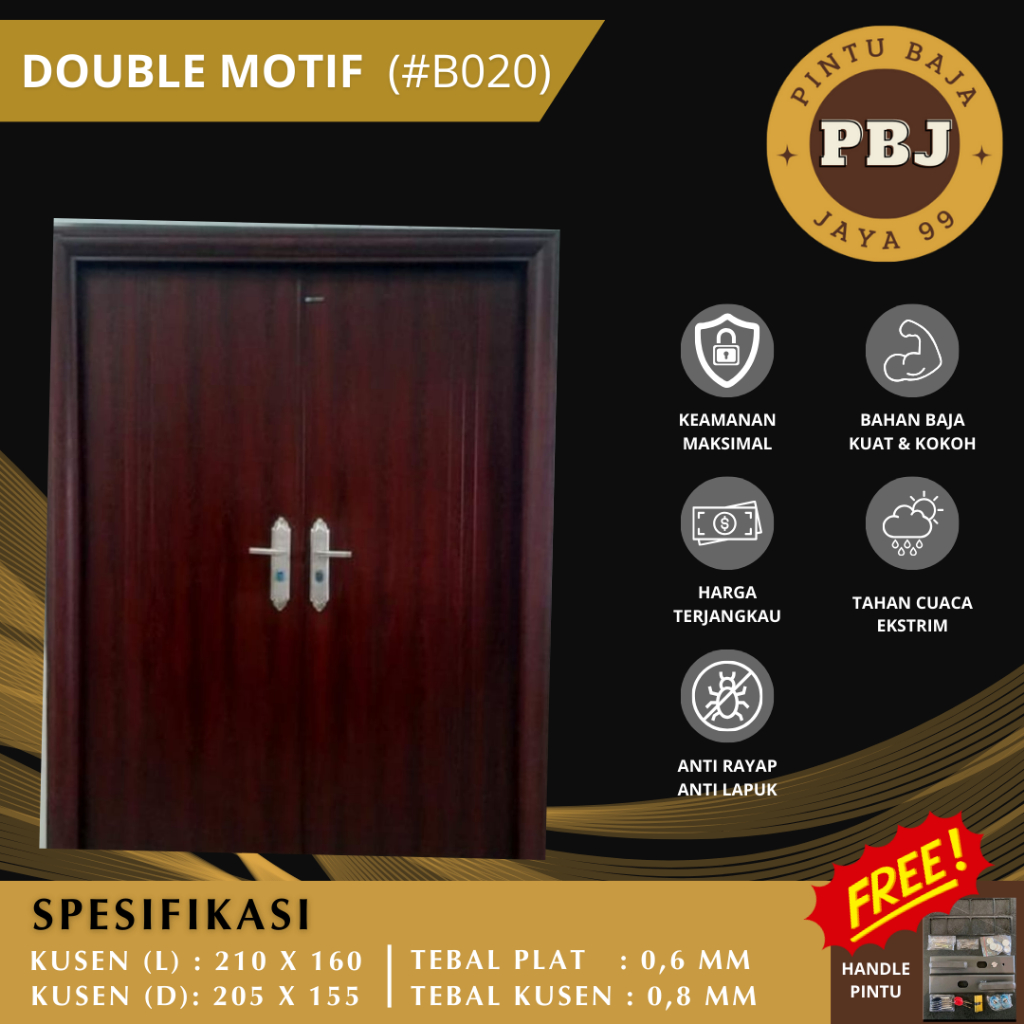 PINTU RUMAH DOUBLE MOTIF MINIMALIS LAPIS PLAT BAJA (B020) - PBJ99 PINTU RUMAH TAHAN API / ANTI PUDAR