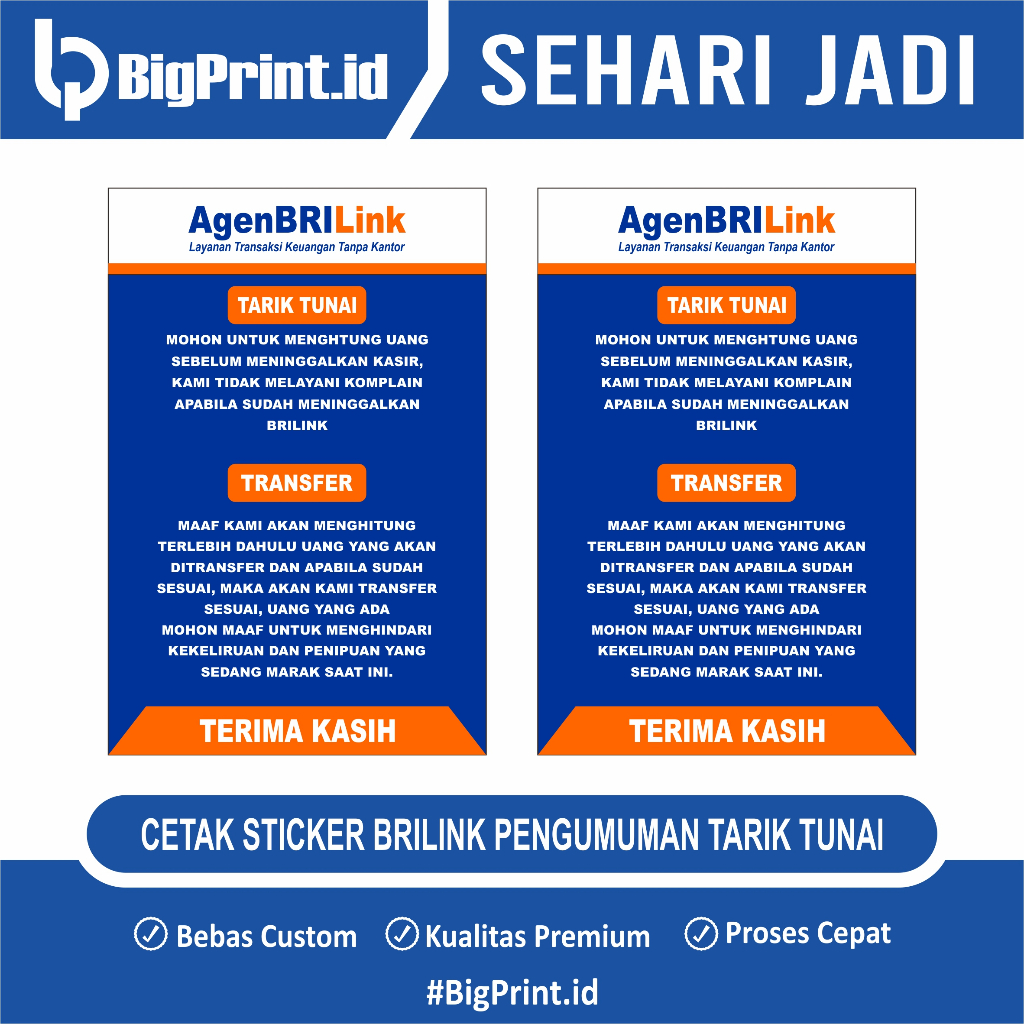 

STIKER BRILINK PENGUMUMAN TARIK TUNAI 20x30cm | TERMURAH