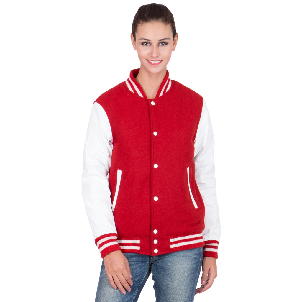 HANASA Jacket Varsity Kancing Wanita Merah Putih Unisex Bomber Baseball