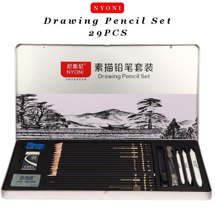 

Super Puas Nyoni Drawing Pencil Gambar Set 29PCS Drawing Sketch Pencil Set Tin Box Pensil Gambar