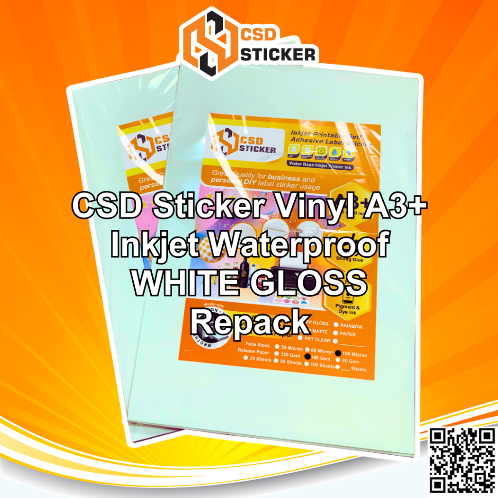 

NEW CSD Sticker Vinyl Inkjet White Gloss, White Matte Transparan Semi Clear A3+ Waterproof - Digital Print Cetak Label Stiker Plastik Tidak Mudah Sobek - Repack 20 lembar